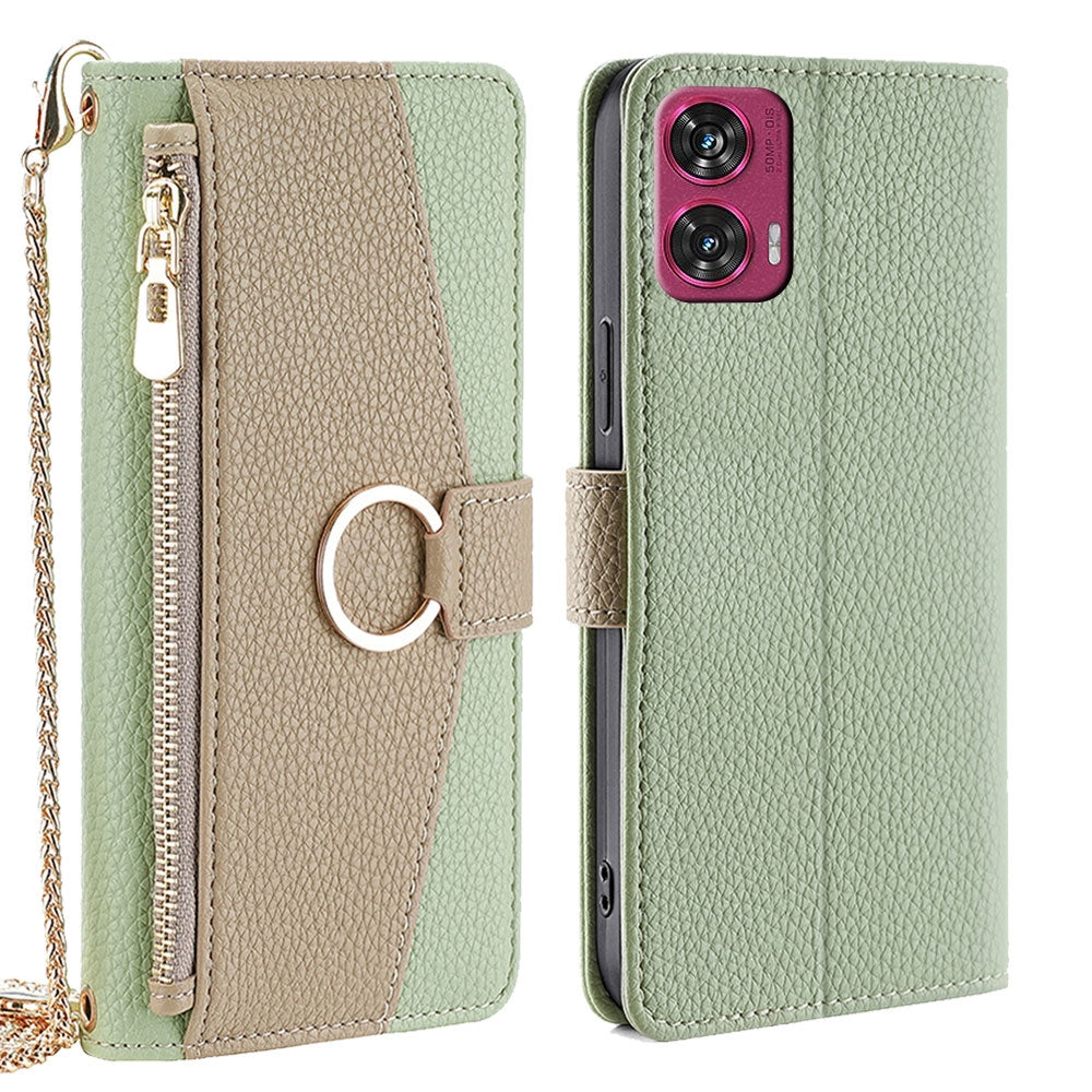 Motorola Edge 50 Fusion 5G Crossbody Phone Case with Litchi Texture Leather, Adjustable Kickstand, Card Slots, Zipper Purse, Makeup Mirror, and TPU Protection