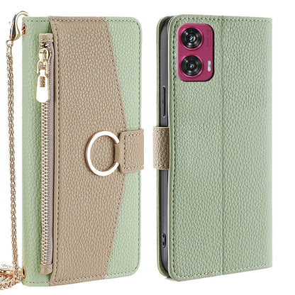 Motorola Edge 50 Fusion 5G Crossbody Phone Case with Litchi Texture Leather, Adjustable Kickstand, Card Slots, Zipper Purse, Makeup Mirror, and TPU Protection