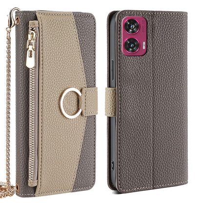 Motorola Edge 50 Fusion 5G Crossbody Phone Case with Litchi Texture Leather, Adjustable Kickstand, Card Slots, Zipper Purse, Makeup Mirror, and TPU Protection