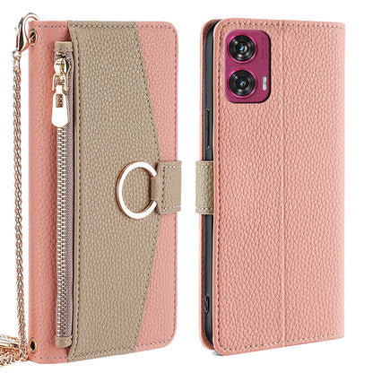 Motorola Edge 50 Fusion 5G Crossbody Phone Case with Litchi Texture Leather, Adjustable Kickstand, Card Slots, Zipper Purse, Makeup Mirror, and TPU Protection