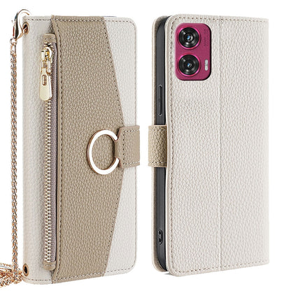 Motorola Edge 50 Fusion 5G Crossbody Phone Case with Litchi Texture Leather, Adjustable Kickstand, Card Slots, Zipper Purse, Makeup Mirror, and TPU Protection