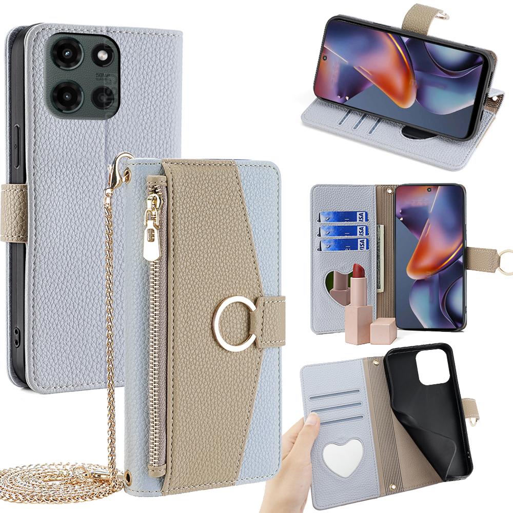 Motorola Moto G 5G 2025 Crossbody Phone Case with Litchi Texture Leather, Adjustable Kickstand, Card Slots, Zipper Purse, Makeup Mirror, and TPU Protection