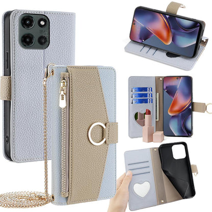 Motorola Moto G 5G 2025 Crossbody Phone Case with Litchi Texture Leather, Adjustable Kickstand, Card Slots, Zipper Purse, Makeup Mirror, and TPU Protection