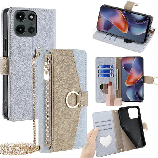 Motorola Moto G 5G 2025 Crossbody Phone Case with Litchi Texture Leather, Adjustable Kickstand, Card Slots, Zipper Purse, Makeup Mirror, and TPU Protection