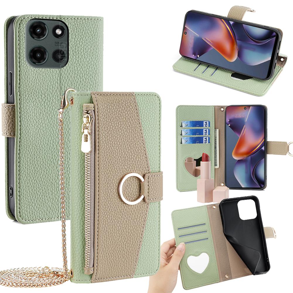 Motorola Moto G 5G 2025 Crossbody Phone Case with Litchi Texture Leather, Adjustable Kickstand, Card Slots, Zipper Purse, Makeup Mirror, and TPU Protection