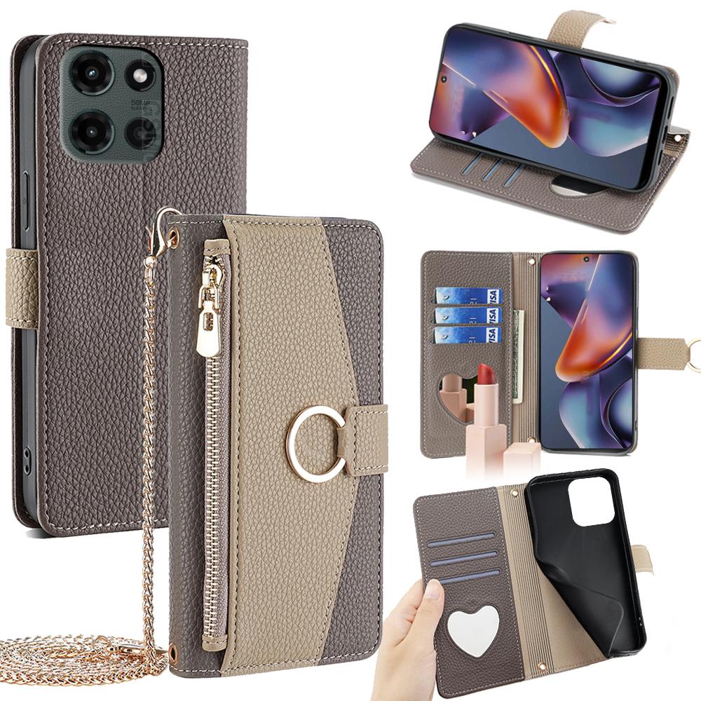 Motorola Moto G 5G 2025 Crossbody Phone Case with Litchi Texture Leather, Adjustable Kickstand, Card Slots, Zipper Purse, Makeup Mirror, and TPU Protection