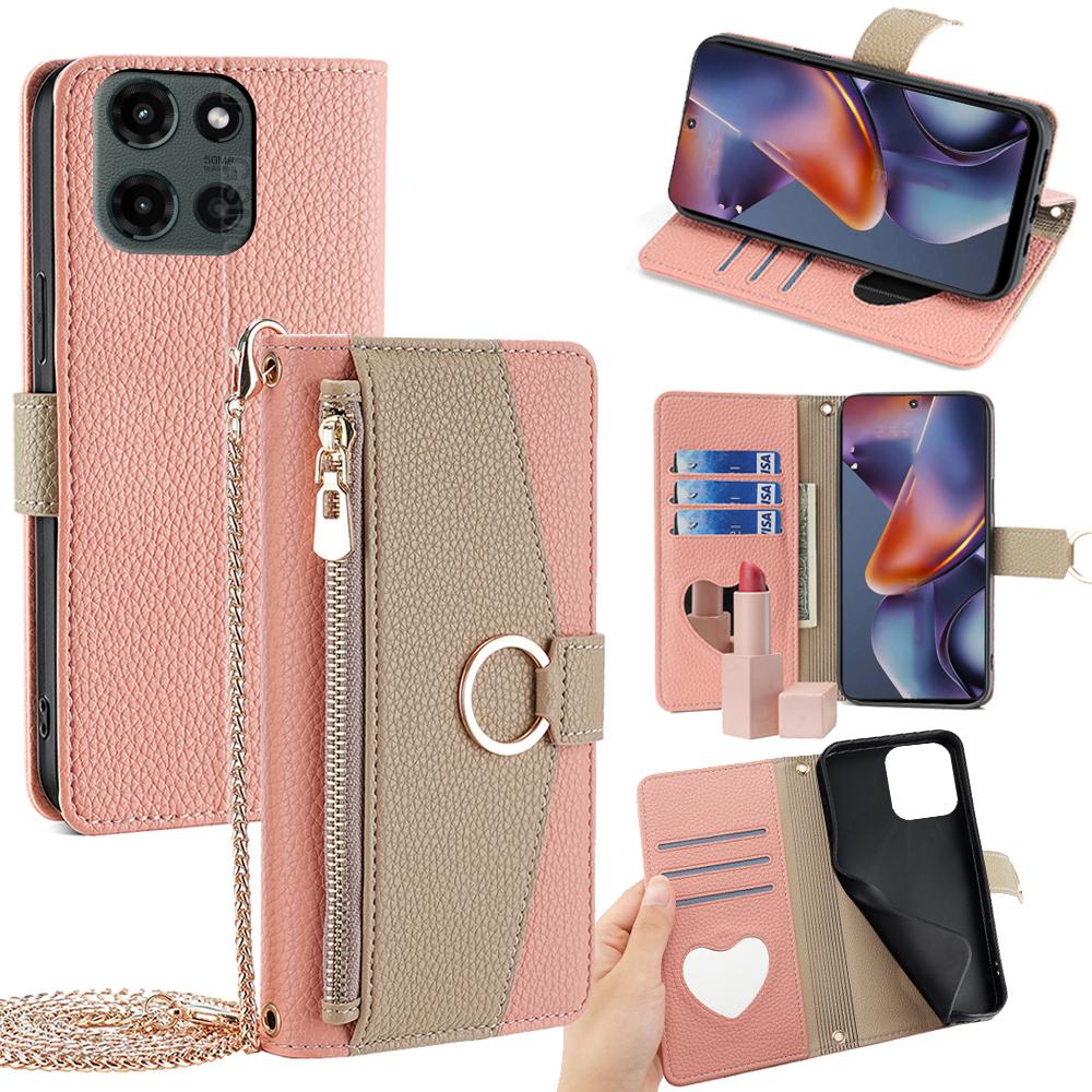 Motorola Moto G 5G 2025 Crossbody Phone Case with Litchi Texture Leather, Adjustable Kickstand, Card Slots, Zipper Purse, Makeup Mirror, and TPU Protection