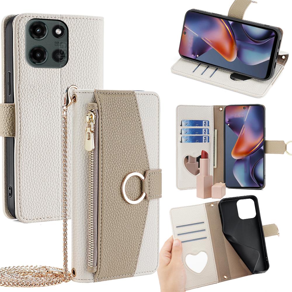 Motorola Moto G 5G 2025 Crossbody Phone Case with Litchi Texture Leather, Adjustable Kickstand, Card Slots, Zipper Purse, Makeup Mirror, and TPU Protection