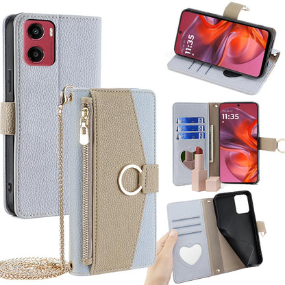 Motorola Moto G05 Crossbody Phone Case with Litchi Texture Leather, Adjustable Kickstand, Card Slots, Zipper Purse, Makeup Mirror, and TPU Protection