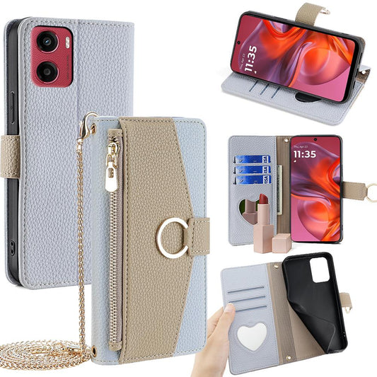 Motorola Moto G05 Crossbody Phone Case with Litchi Texture Leather, Adjustable Kickstand, Card Slots, Zipper Purse, Makeup Mirror, and TPU Protection