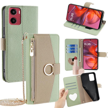 Motorola Moto G05 Crossbody Phone Case with Litchi Texture Leather, Adjustable Kickstand, Card Slots, Zipper Purse, Makeup Mirror, and TPU Protection