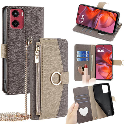 Motorola Moto G05 Crossbody Phone Case with Litchi Texture Leather, Adjustable Kickstand, Card Slots, Zipper Purse, Makeup Mirror, and TPU Protection