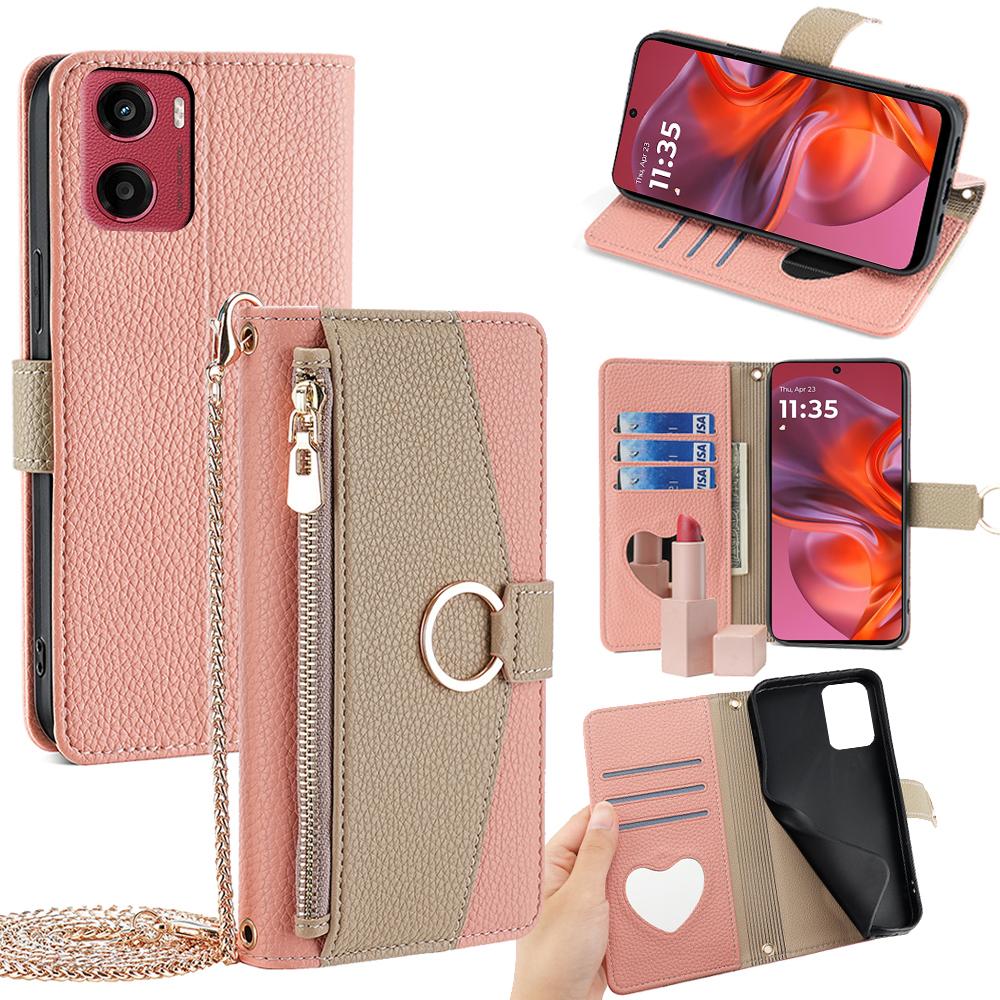 Motorola Moto G05 Crossbody Phone Case with Litchi Texture Leather, Adjustable Kickstand, Card Slots, Zipper Purse, Makeup Mirror, and TPU Protection