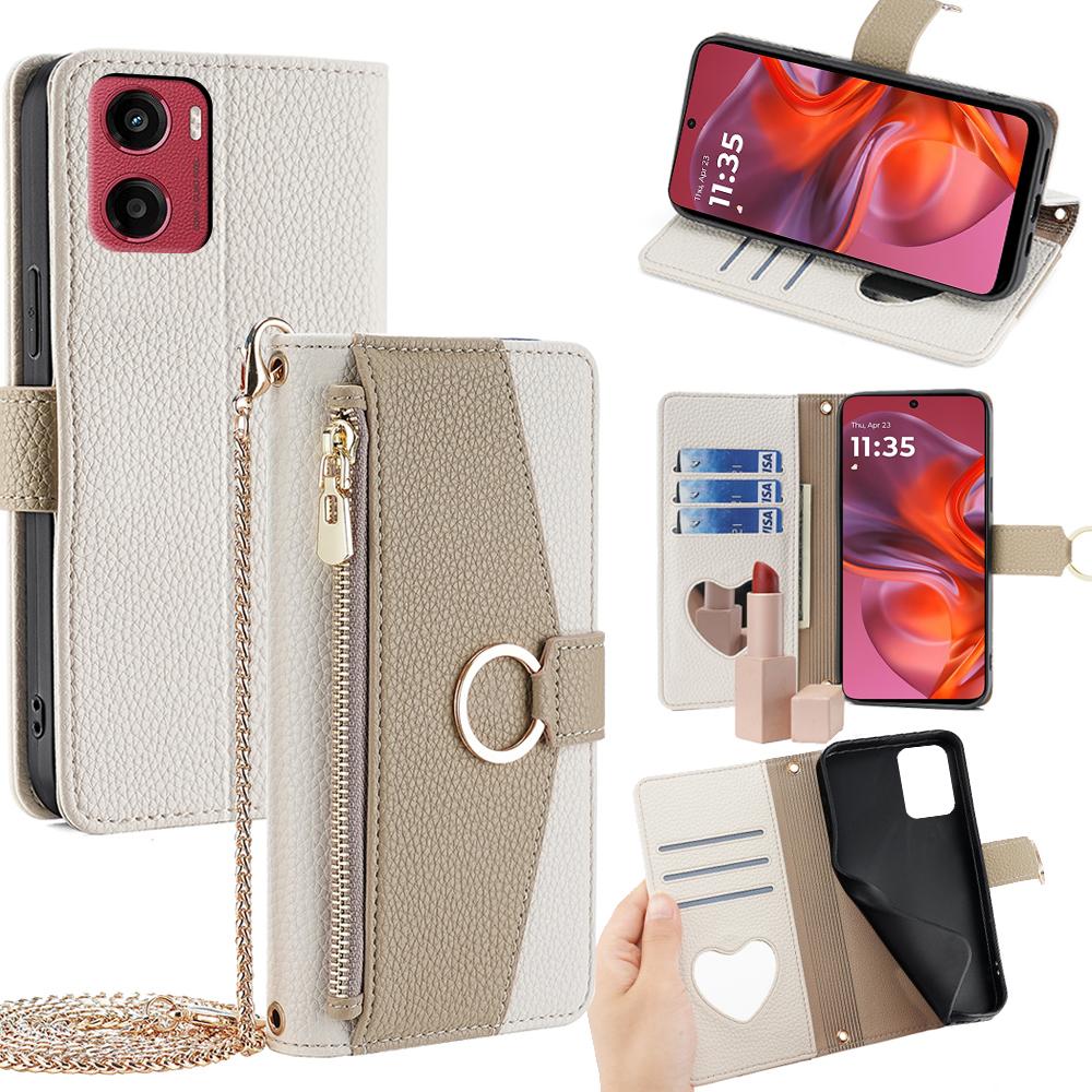 Motorola Moto G05 Crossbody Phone Case with Litchi Texture Leather, Adjustable Kickstand, Card Slots, Zipper Purse, Makeup Mirror, and TPU Protection