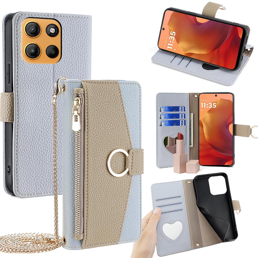 Motorola Moto G15/G15 Power Crossbody Phone Case with Litchi Texture Leather, Adjustable Kickstand, Card Slots, Zipper Purse, Makeup Mirror, and TPU Protection