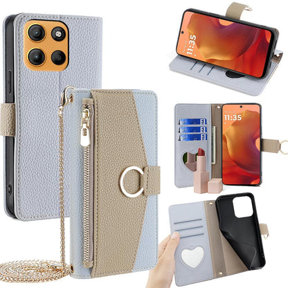 Motorola Moto G15/G15 Power Crossbody Phone Case with Litchi Texture Leather, Adjustable Kickstand, Card Slots, Zipper Purse, Makeup Mirror, and TPU Protection