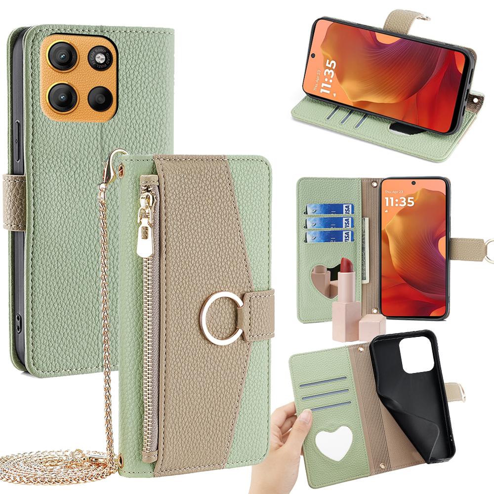 Motorola Moto G15/G15 Power Crossbody Phone Case with Litchi Texture Leather, Adjustable Kickstand, Card Slots, Zipper Purse, Makeup Mirror, and TPU Protection
