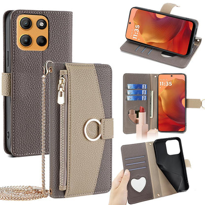 Motorola Moto G15/G15 Power Crossbody Phone Case with Litchi Texture Leather, Adjustable Kickstand, Card Slots, Zipper Purse, Makeup Mirror, and TPU Protection
