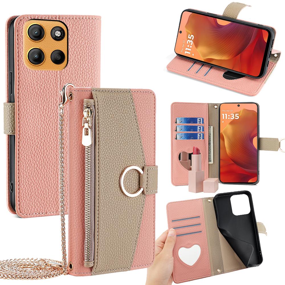 Motorola Moto G15/G15 Power Crossbody Phone Case with Litchi Texture Leather, Adjustable Kickstand, Card Slots, Zipper Purse, Makeup Mirror, and TPU Protection