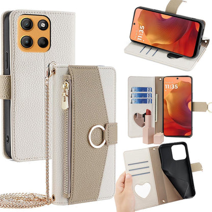 Motorola Moto G15/G15 Power Crossbody Phone Case with Litchi Texture Leather, Adjustable Kickstand, Card Slots, Zipper Purse, Makeup Mirror, and TPU Protection