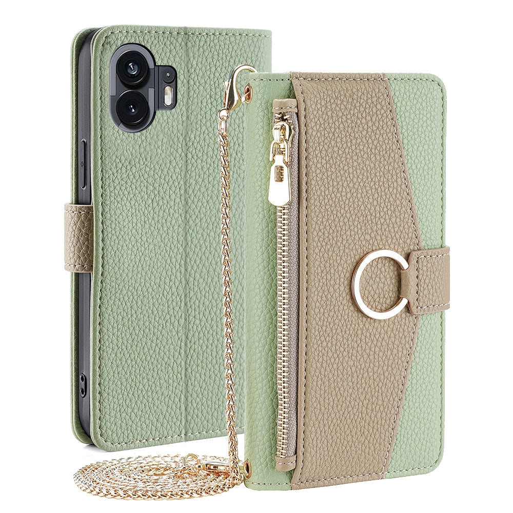 Nothing Phone 2 Crossbody Phone Case with Litchi Texture Leather, Adjustable Kickstand, Card Slots, Zipper Purse, Makeup Mirror, and TPU Protection