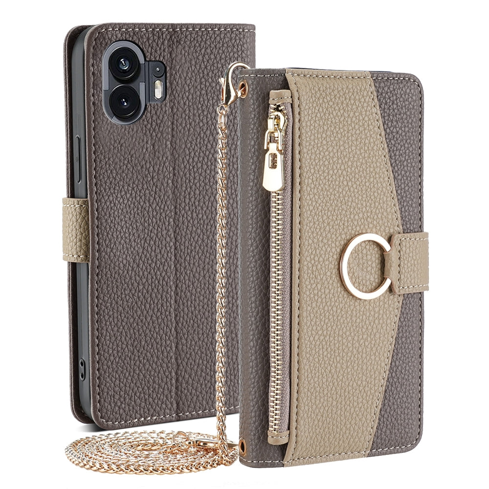 Nothing Phone 2 Crossbody Phone Case with Litchi Texture Leather, Adjustable Kickstand, Card Slots, Zipper Purse, Makeup Mirror, and TPU Protection