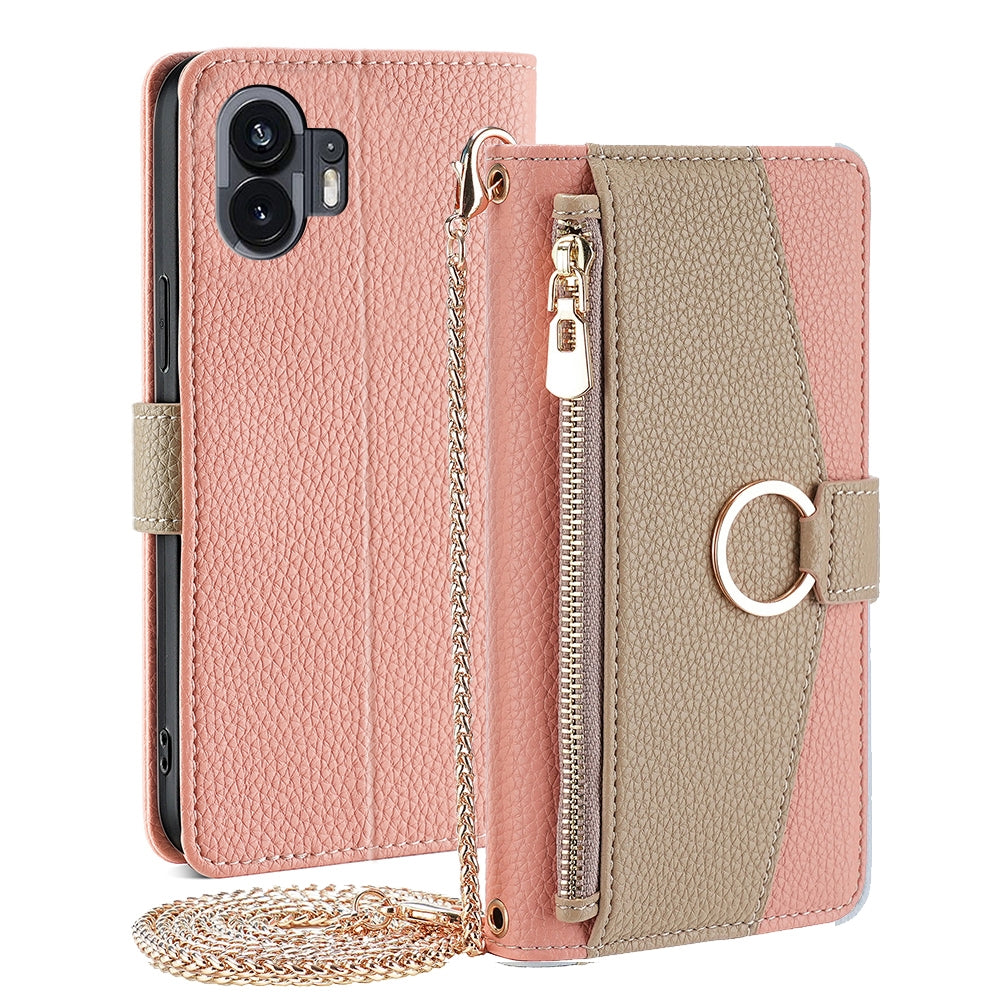 Nothing Phone 2 Crossbody Phone Case with Litchi Texture Leather, Adjustable Kickstand, Card Slots, Zipper Purse, Makeup Mirror, and TPU Protection