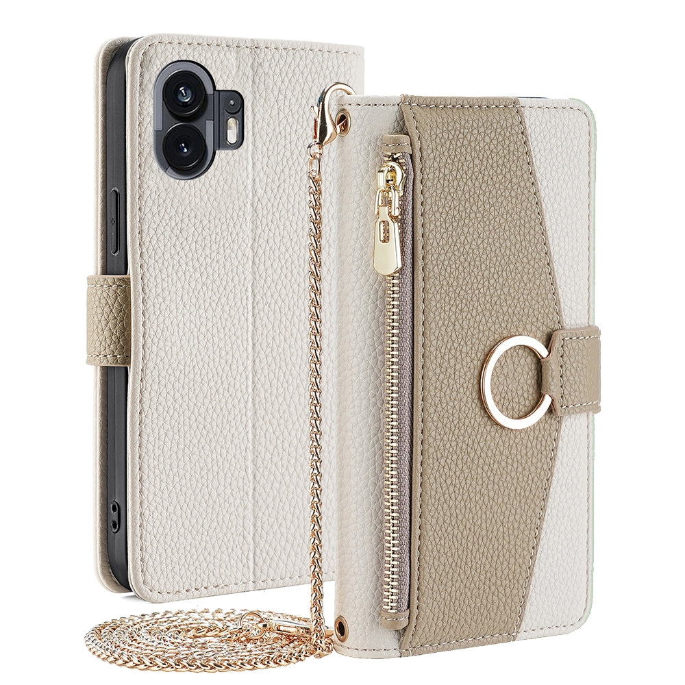 Nothing Phone 2 Crossbody Phone Case with Litchi Texture Leather, Adjustable Kickstand, Card Slots, Zipper Purse, Makeup Mirror, and TPU Protection