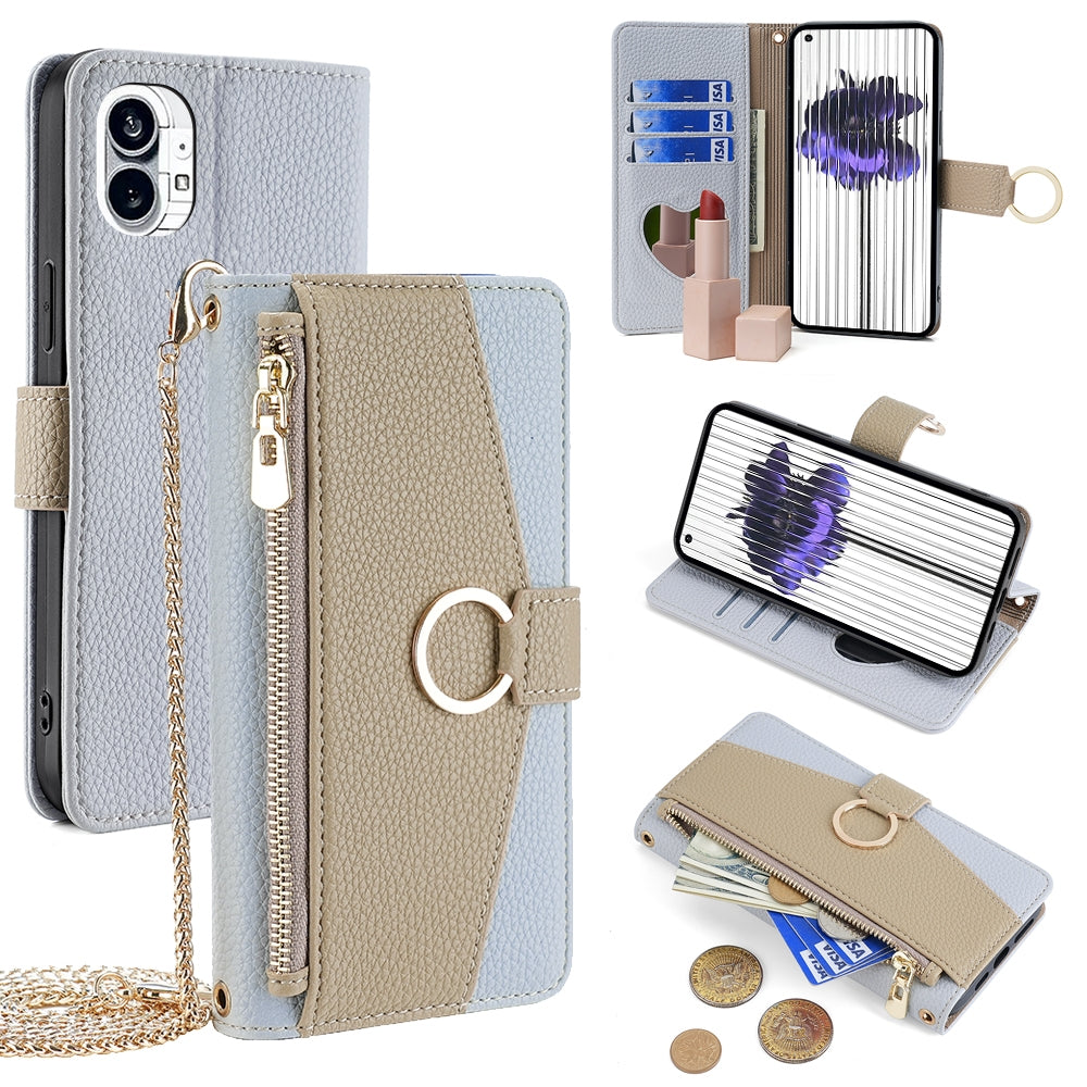 Nothing Phone 1 Crossbody Phone Case with Litchi Texture Leather, Adjustable Kickstand, Card Slots, Zipper Purse, Makeup Mirror, and TPU Protection