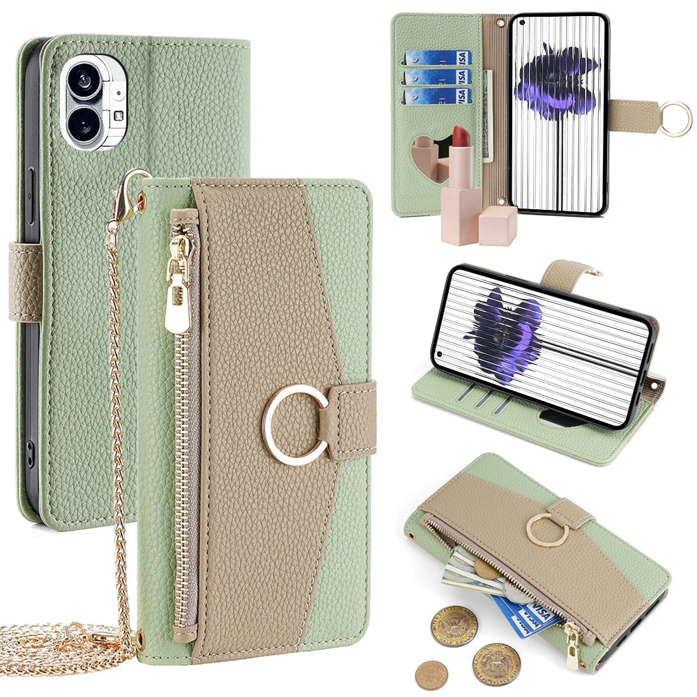 Nothing Phone 1 Crossbody Phone Case with Litchi Texture Leather, Adjustable Kickstand, Card Slots, Zipper Purse, Makeup Mirror, and TPU Protection