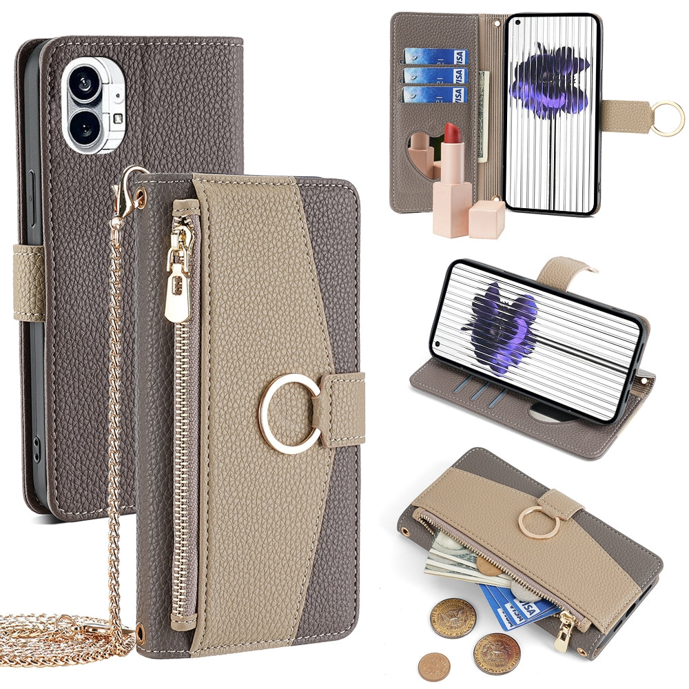 Nothing Phone 1 Crossbody Phone Case with Litchi Texture Leather, Adjustable Kickstand, Card Slots, Zipper Purse, Makeup Mirror, and TPU Protection