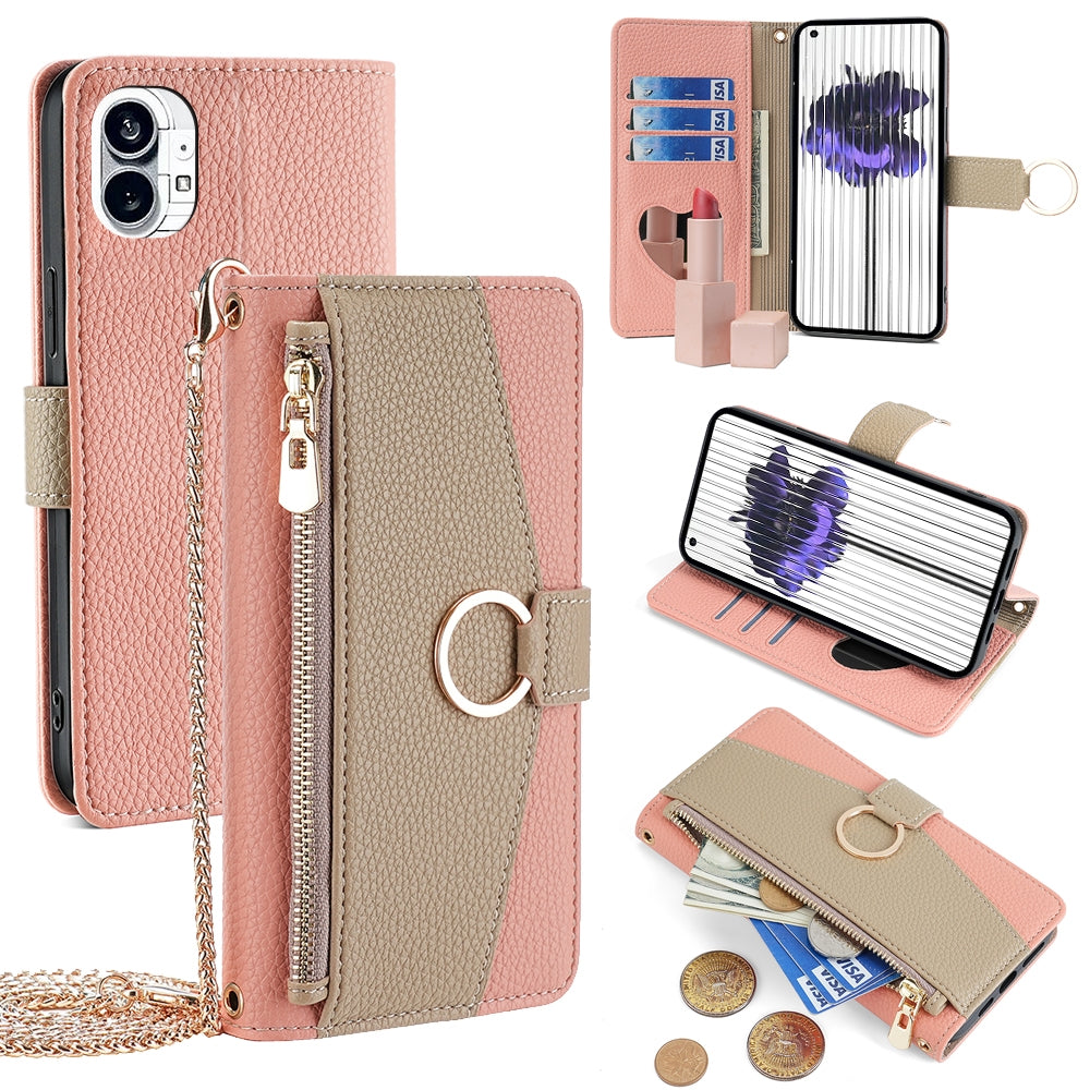 Nothing Phone 1 Crossbody Phone Case with Litchi Texture Leather, Adjustable Kickstand, Card Slots, Zipper Purse, Makeup Mirror, and TPU Protection