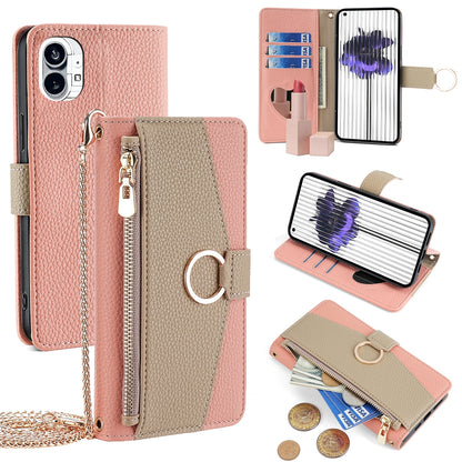 Nothing Phone 1 Crossbody Phone Case with Litchi Texture Leather, Adjustable Kickstand, Card Slots, Zipper Purse, Makeup Mirror, and TPU Protection