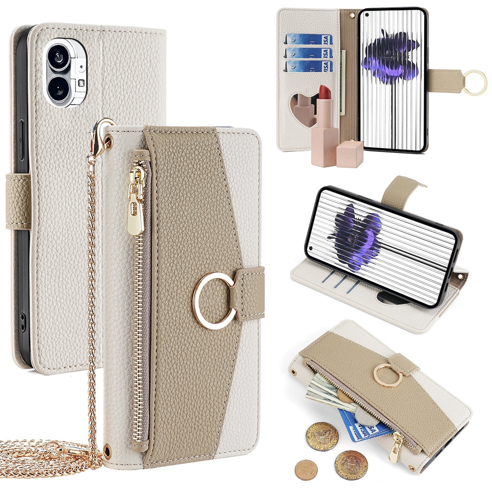 Nothing Phone 1 Crossbody Phone Case with Litchi Texture Leather, Adjustable Kickstand, Card Slots, Zipper Purse, Makeup Mirror, and TPU Protection