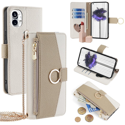 Nothing Phone 1 Crossbody Phone Case with Litchi Texture Leather, Adjustable Kickstand, Card Slots, Zipper Purse, Makeup Mirror, and TPU Protection