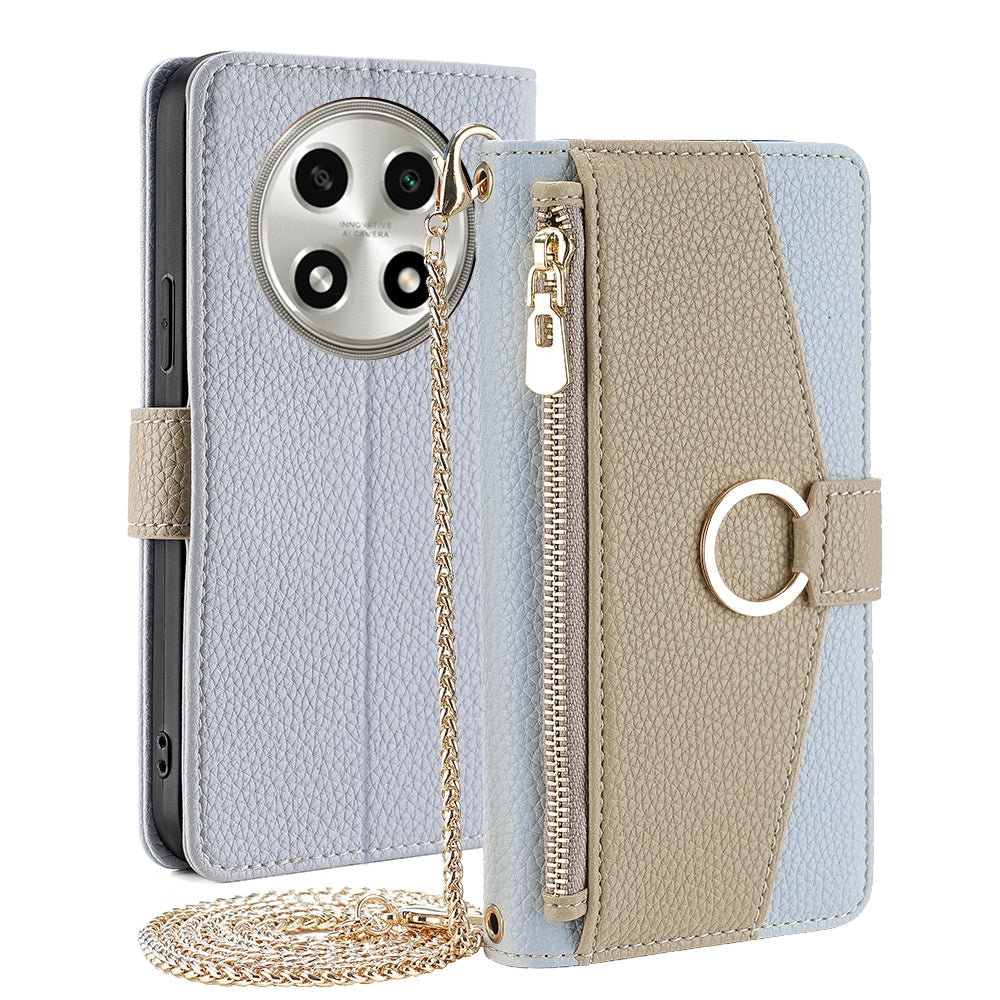 OPPO A2 Pro 5G Crossbody Phone Case with Litchi Texture Leather, Adjustable Kickstand, Card Slots, Zipper Purse, Makeup Mirror, and TPU Protection