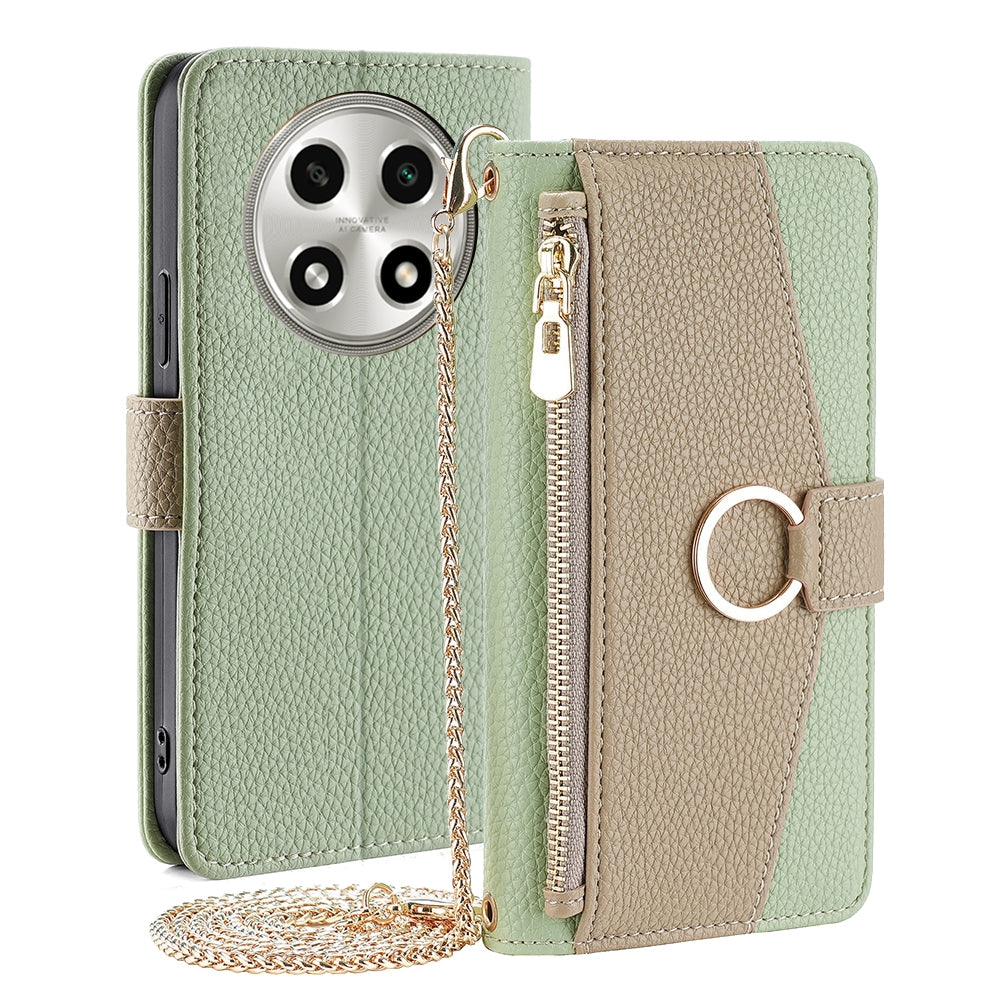 OPPO A2 Pro 5G Crossbody Phone Case with Litchi Texture Leather, Adjustable Kickstand, Card Slots, Zipper Purse, Makeup Mirror, and TPU Protection