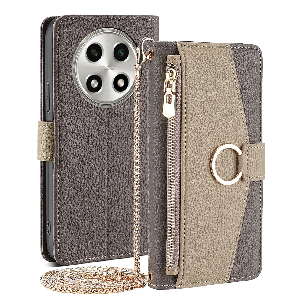 OPPO A2 Pro 5G Crossbody Phone Case with Litchi Texture Leather, Adjustable Kickstand, Card Slots, Zipper Purse, Makeup Mirror, and TPU Protection