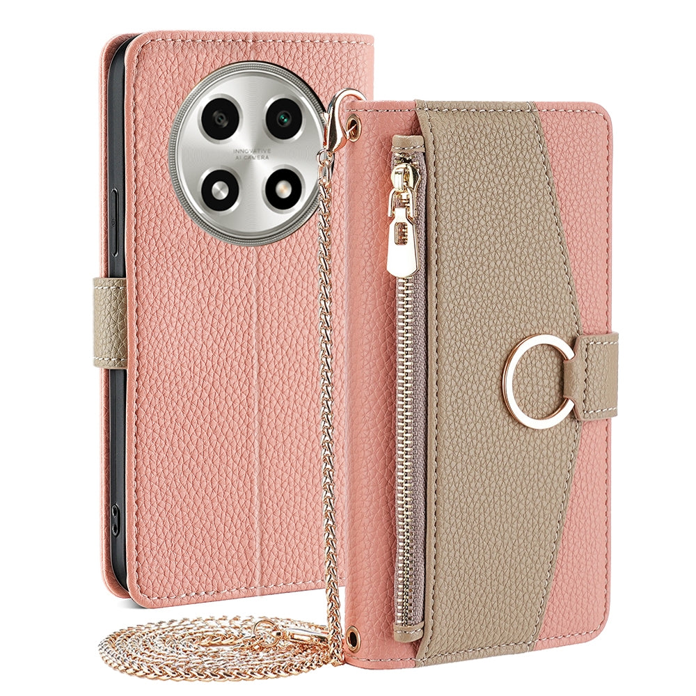 OPPO A2 Pro 5G Crossbody Phone Case with Litchi Texture Leather, Adjustable Kickstand, Card Slots, Zipper Purse, Makeup Mirror, and TPU Protection