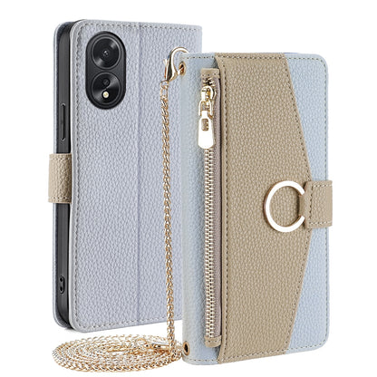OPPO A18 4G Crossbody Phone Case with Litchi Texture Leather, Adjustable Kickstand, Card Slots, Zipper Purse, Makeup Mirror, and TPU Protection