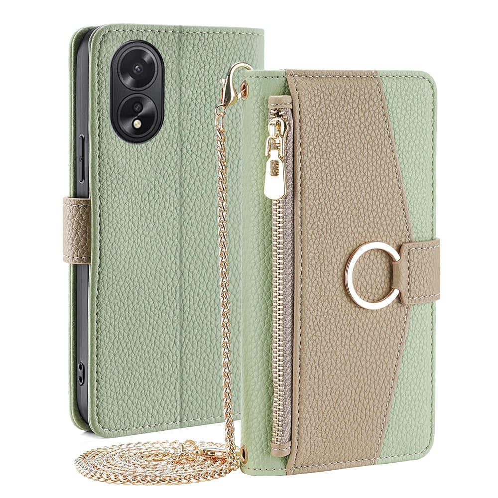 OPPO A38 4G Crossbody Phone Case with Litchi Texture Leather, Adjustable Kickstand, Card Slots, Zipper Purse, Makeup Mirror, and TPU Protection