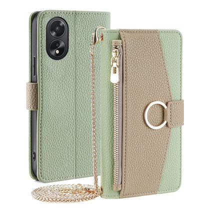 OPPO A38 4G Crossbody Phone Case with Litchi Texture Leather, Adjustable Kickstand, Card Slots, Zipper Purse, Makeup Mirror, and TPU Protection