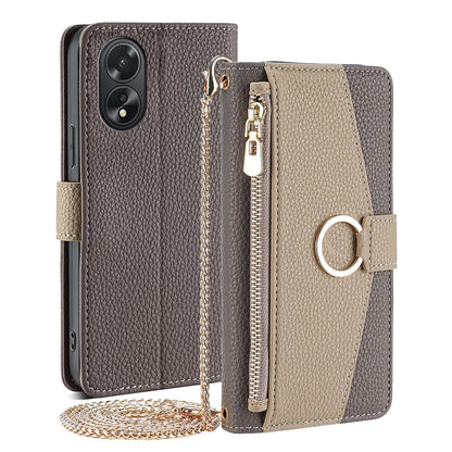 OPPO A38 4G Crossbody Phone Case with Litchi Texture Leather, Adjustable Kickstand, Card Slots, Zipper Purse, Makeup Mirror, and TPU Protection