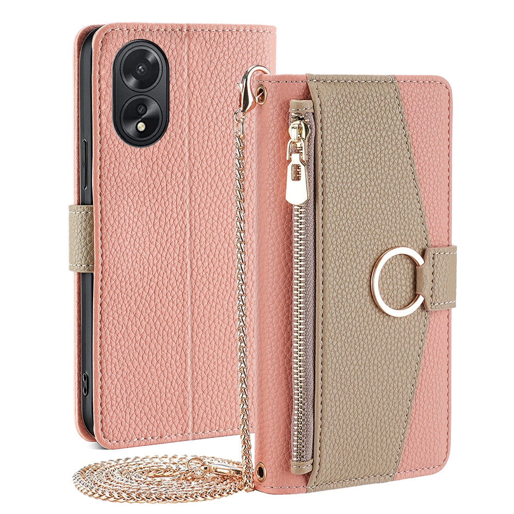 OPPO A38 4G Crossbody Phone Case with Litchi Texture Leather, Adjustable Kickstand, Card Slots, Zipper Purse, Makeup Mirror, and TPU Protection