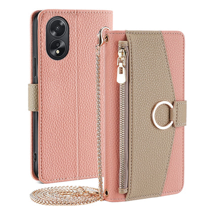 OPPO A38 4G Crossbody Phone Case with Litchi Texture Leather, Adjustable Kickstand, Card Slots, Zipper Purse, Makeup Mirror, and TPU Protection