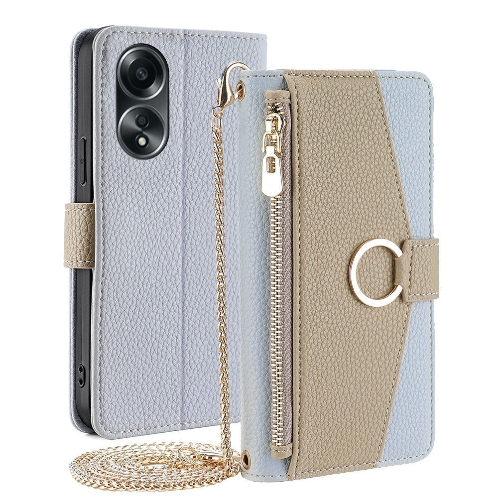 OPPO A58 4G Crossbody Phone Case with Litchi Texture Leather, Adjustable Kickstand, Card Slots, Zipper Purse, Makeup Mirror, and TPU Protection