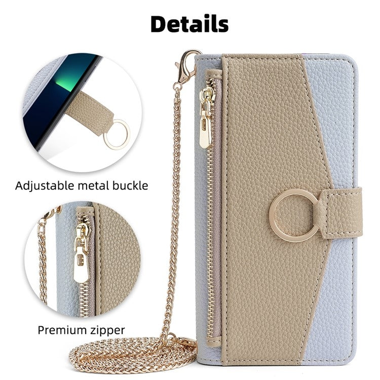 OPPO A58 4G Crossbody Phone Case with Litchi Texture Leather, Adjustable Kickstand, Card Slots, Zipper Purse, Makeup Mirror, and TPU Protection