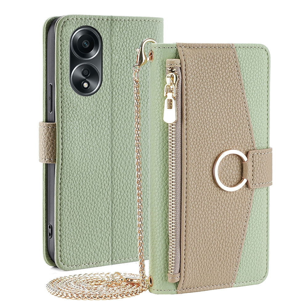 OPPO A58 4G Crossbody Phone Case with Litchi Texture Leather, Adjustable Kickstand, Card Slots, Zipper Purse, Makeup Mirror, and TPU Protection