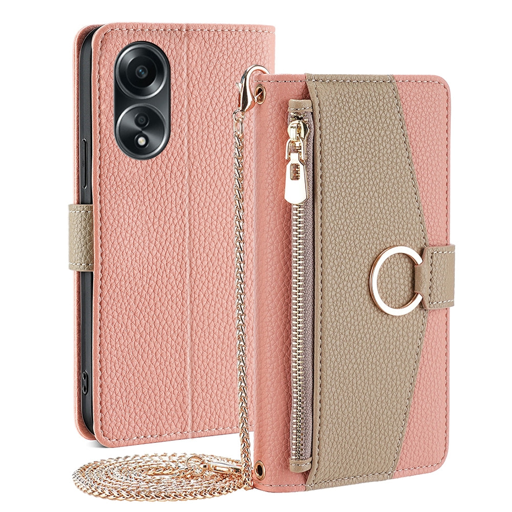 OPPO A58 4G Crossbody Phone Case with Litchi Texture Leather, Adjustable Kickstand, Card Slots, Zipper Purse, Makeup Mirror, and TPU Protection