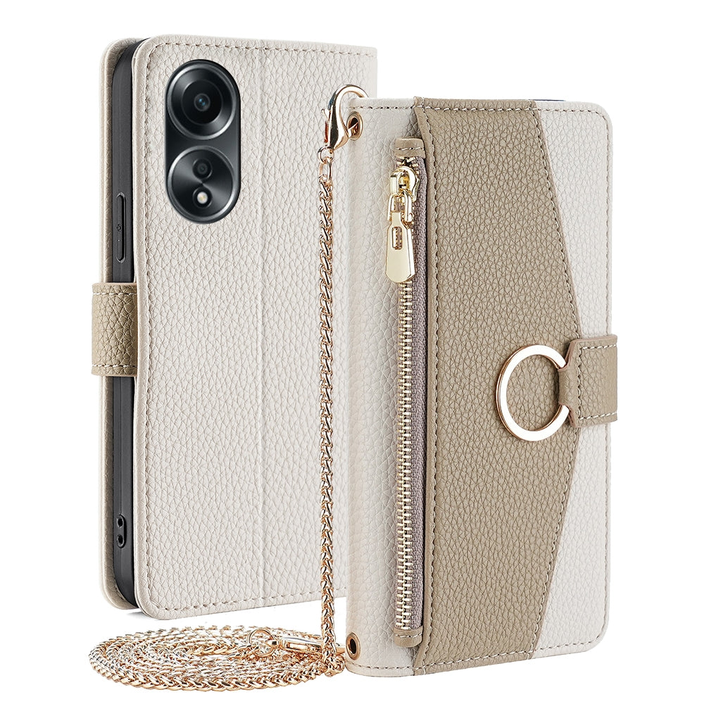 OPPO A58 4G Crossbody Phone Case with Litchi Texture Leather, Adjustable Kickstand, Card Slots, Zipper Purse, Makeup Mirror, and TPU Protection